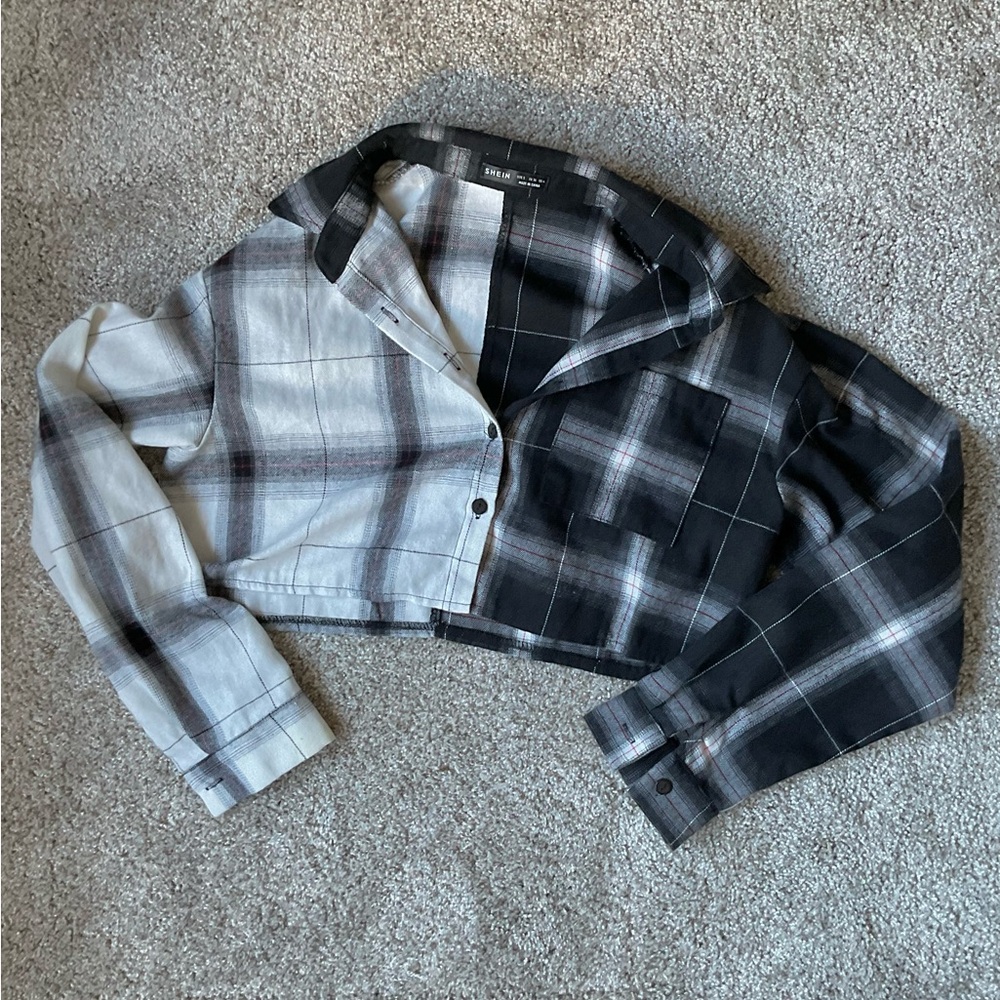 SHEIN Black and White Plaid crop top flannel - size small